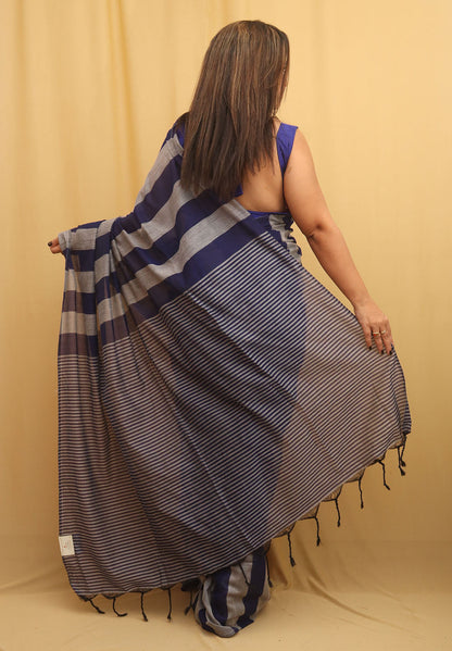 Grey And Blue Bengal Cotton Stripe Design Saree - divyaindia 