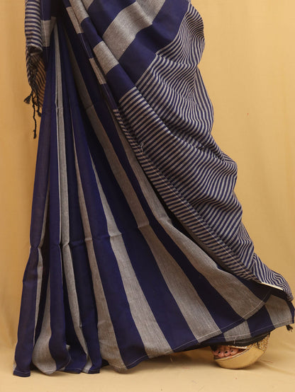 Grey And Blue Bengal Cotton Stripe Design Saree - divyaindia 