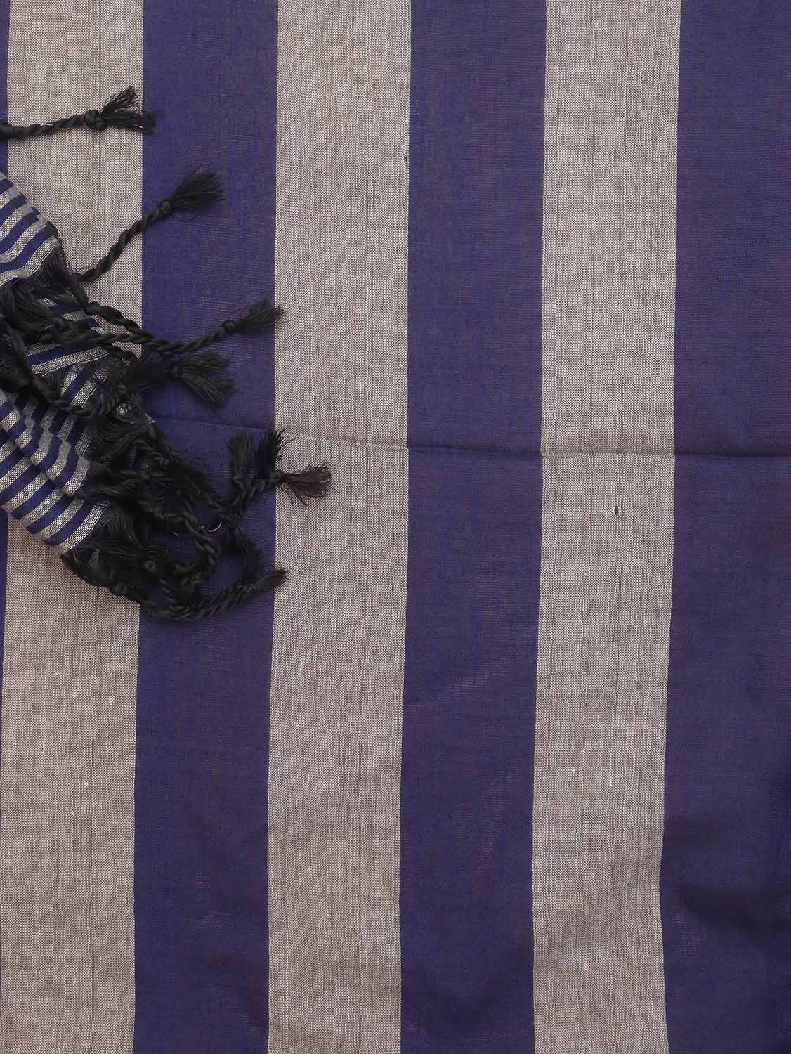 Grey And Blue Bengal Cotton Stripe Design Saree - divyaindia 