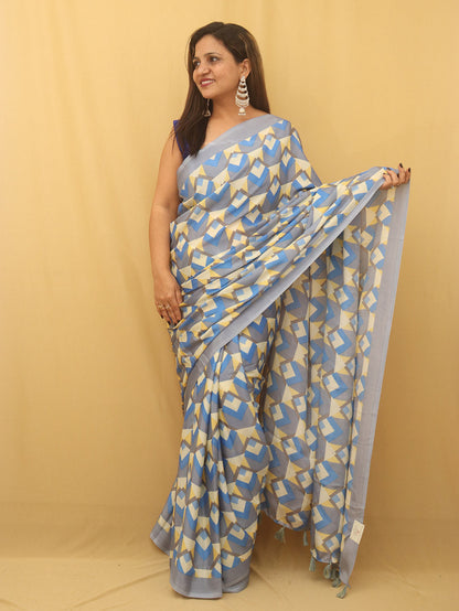 Blue Digital Printed Silk Saree