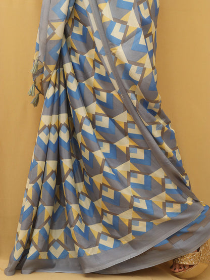 Blue Digital Printed Silk Saree