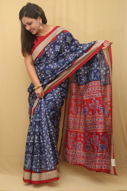 Stunning Blue Silk Sambalpuri Print Saree