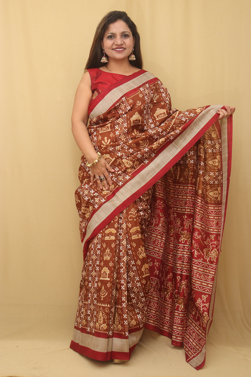 Elegant Brown Silk Sambalpuri Print Saree