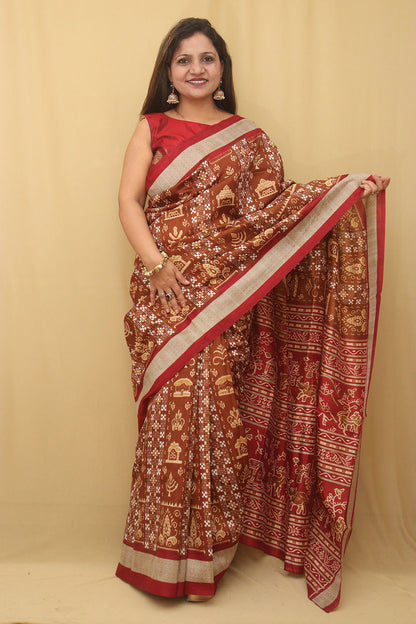 Elegant Brown Silk Sambalpuri Print Saree