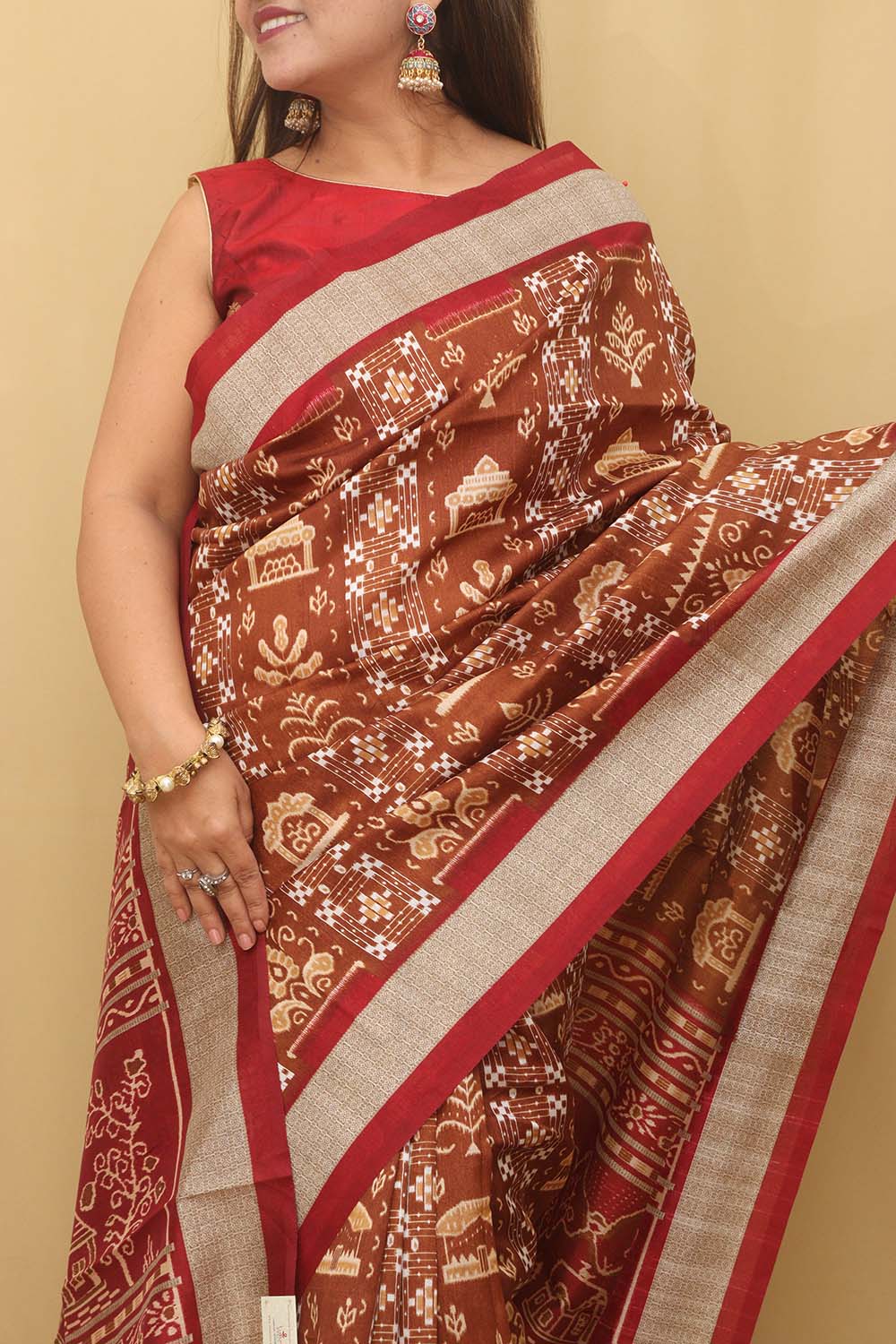 Elegant Brown Silk Sambalpuri Print Saree
