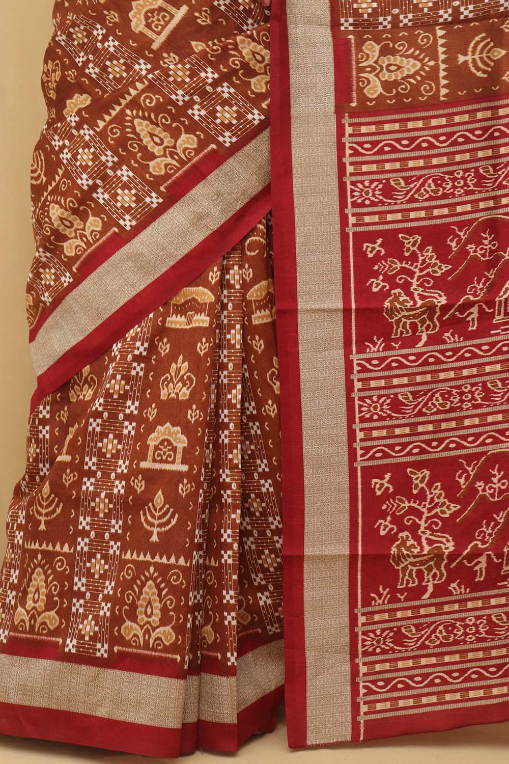 Elegant Brown Silk Sambalpuri Print Saree