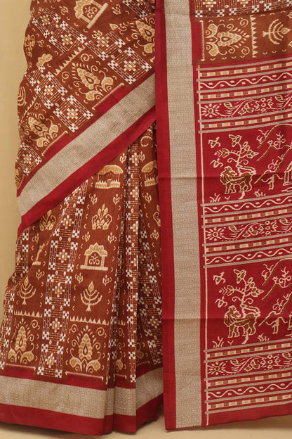 Elegant Brown Silk Sambalpuri Print Saree