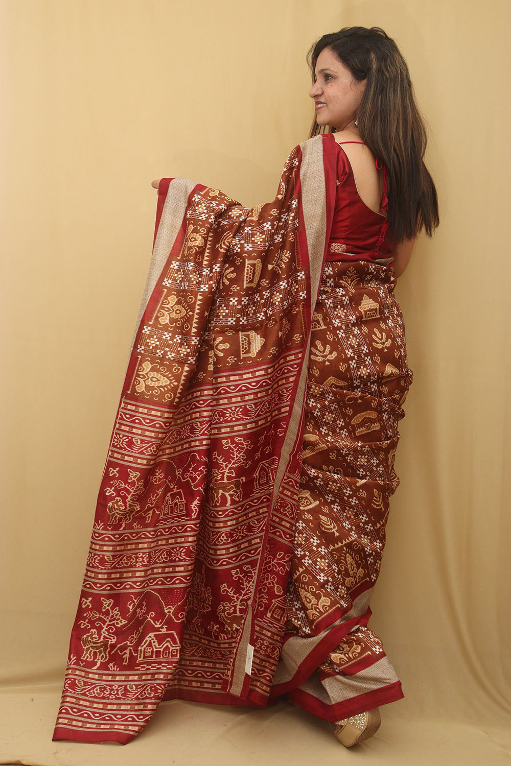 Elegant Brown Silk Sambalpuri Print Saree