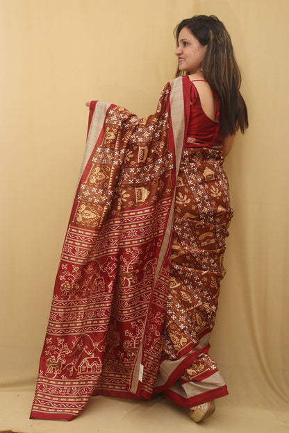 Elegant Brown Silk Sambalpuri Print Saree