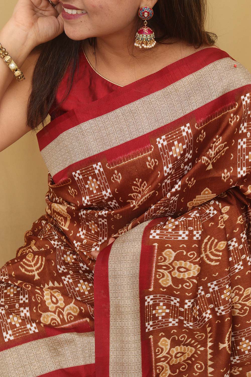Elegant Brown Silk Sambalpuri Print Saree
