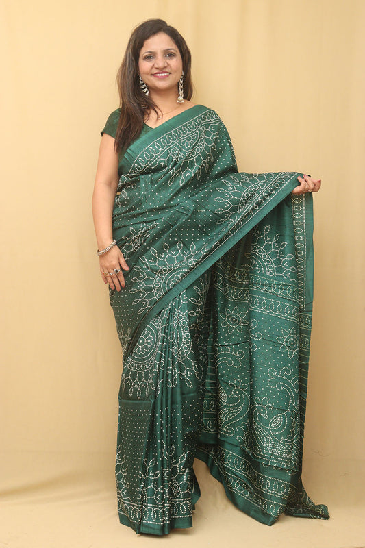 Stunning Green Bandhani Silk Saree with Digital Print