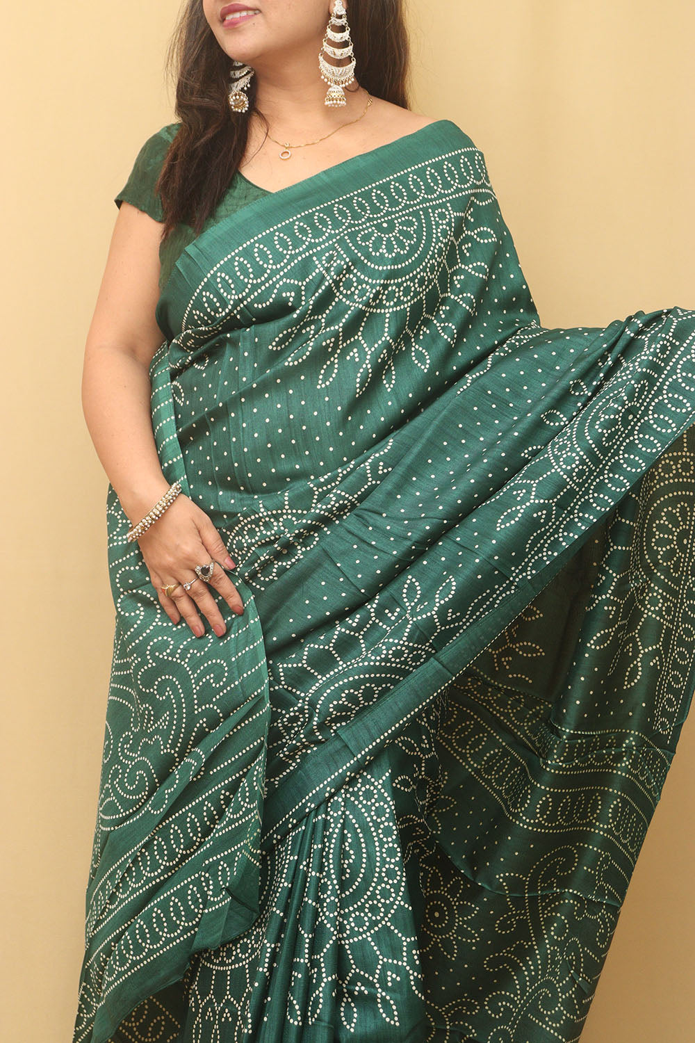 Stunning Green Bandhani Silk Saree with Digital Print