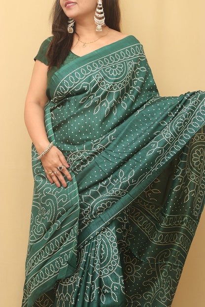 Stunning Green Bandhani Silk Saree with Digital Print