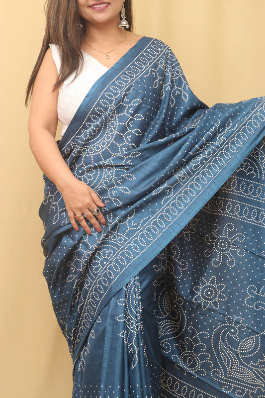 Blue Bandhani Silk Saree with Digital Print