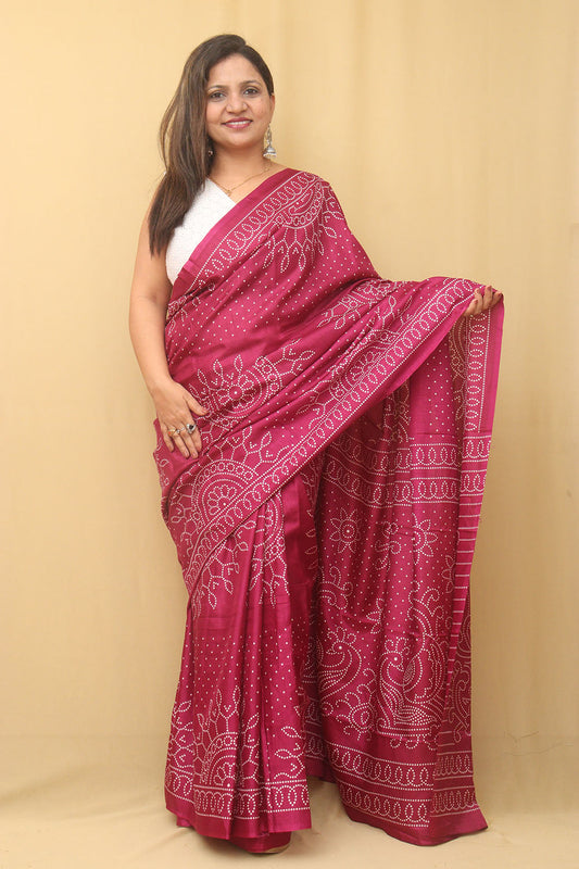 Stunning Purple Bandhani Silk Saree with Digital Print