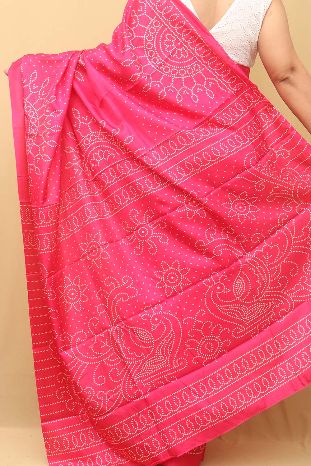 Stunning Pink Bandhani Silk Saree with Digital Print