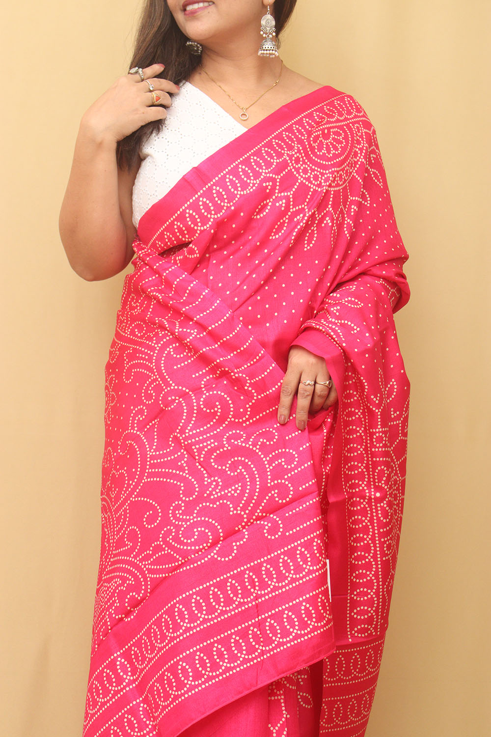 Stunning Pink Bandhani Silk Saree with Digital Print