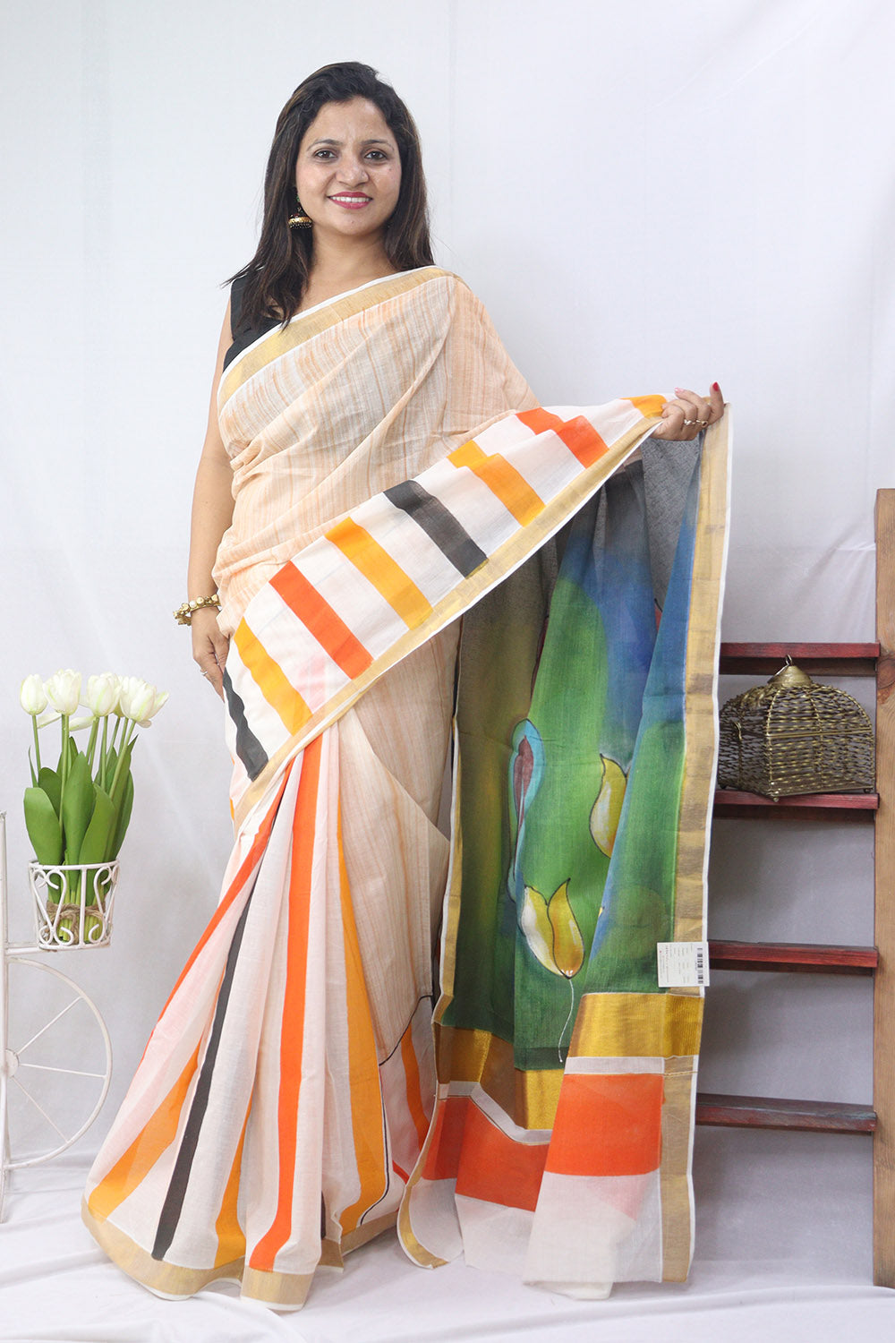 Hand Painted Kerala Cotton Saree - Vibrant Multicolor Design