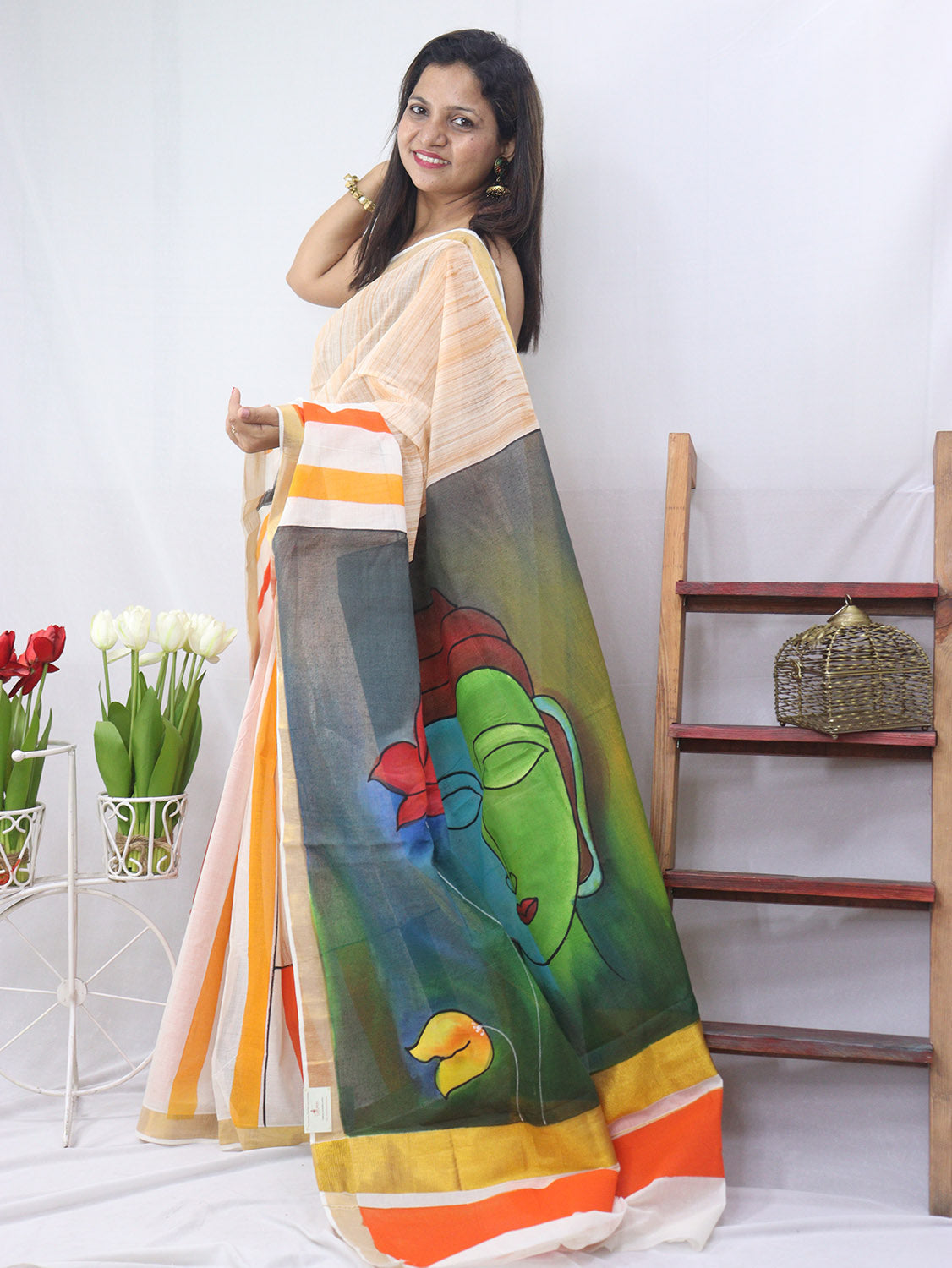 Hand Painted Kerala Cotton Saree - Vibrant Multicolor Design
