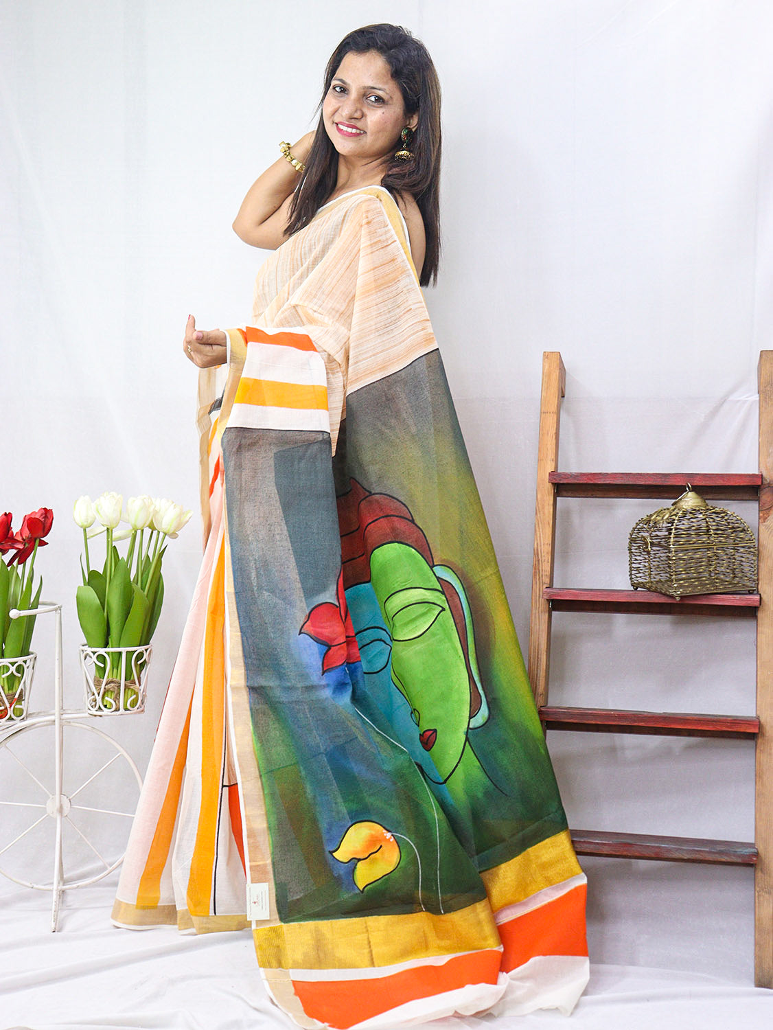 Hand Painted Kerala Cotton Saree - Vibrant Multicolor Design