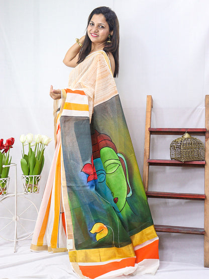 Hand Painted Kerala Cotton Saree - Vibrant Multicolor Design