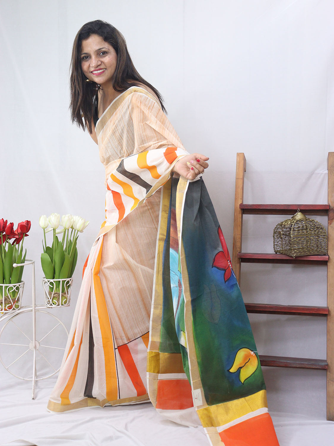 Hand Painted Kerala Cotton Saree - Vibrant Multicolor Design