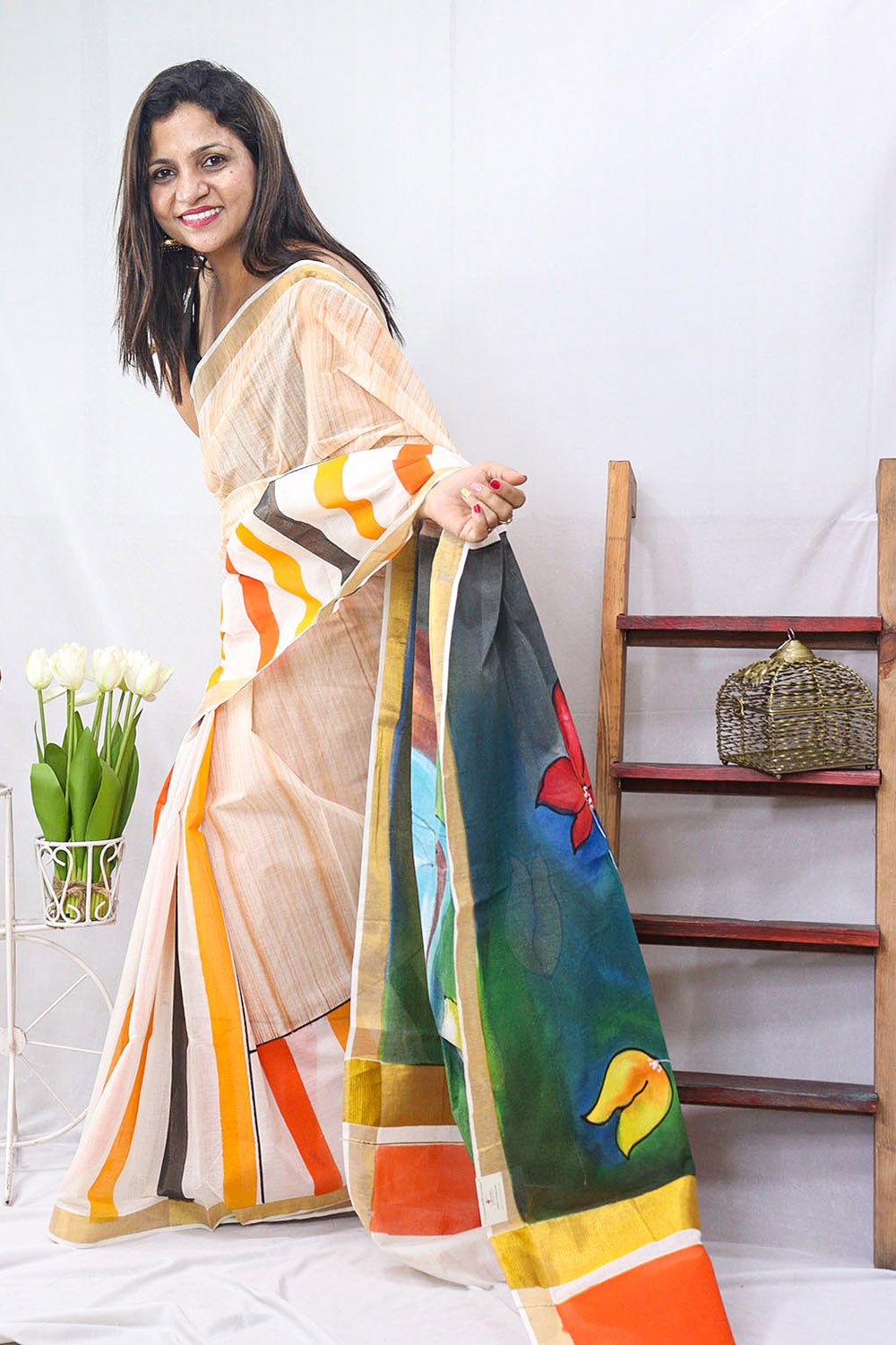 Hand Painted Kerala Cotton Saree - Vibrant Multicolor Design