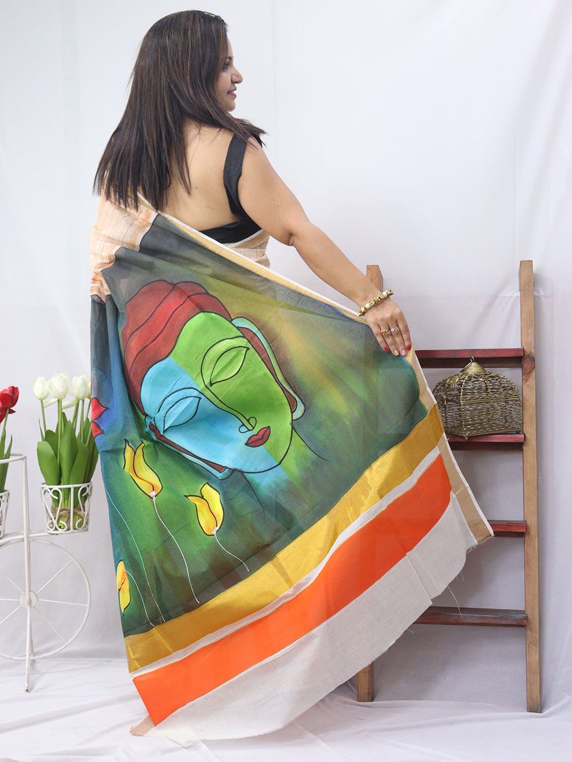 Hand Painted Kerala Cotton Saree - Vibrant Multicolor Design
