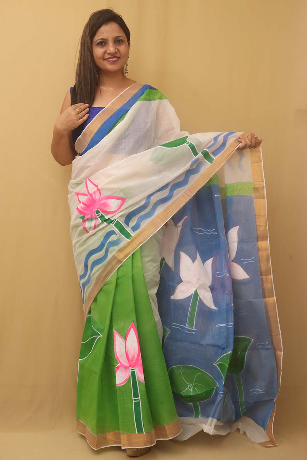 Green Hand Painted Kerala Cotton Saree