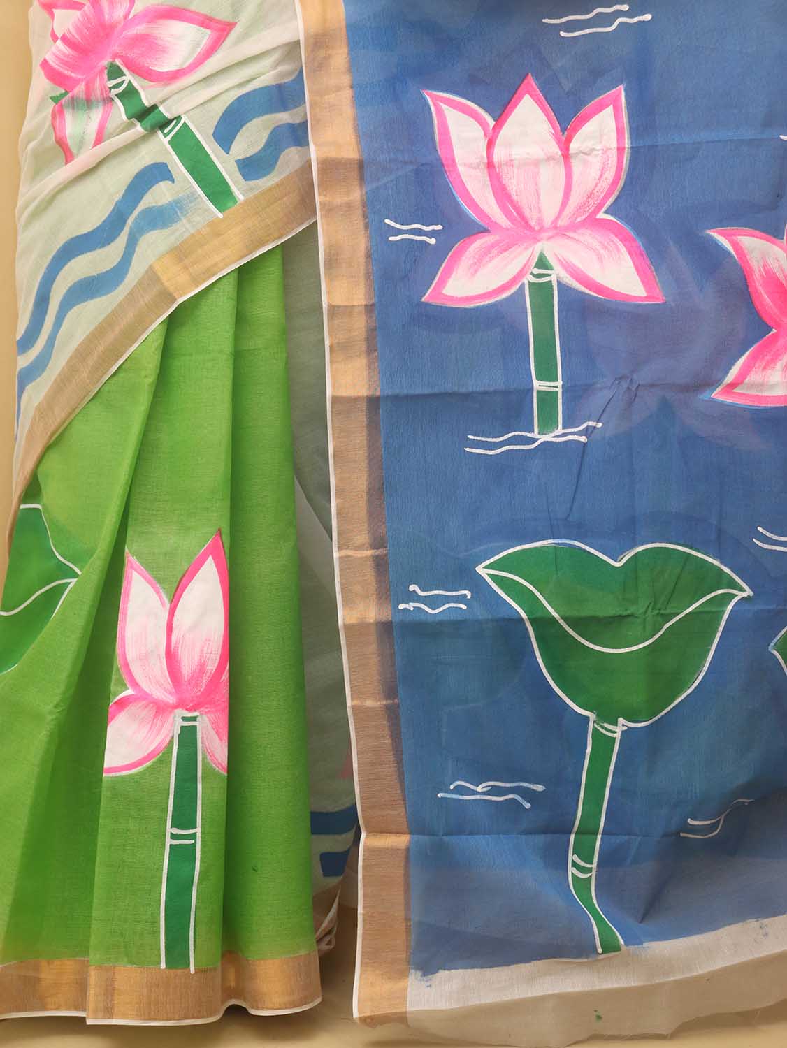 Green Hand Painted Kerala Cotton Saree
