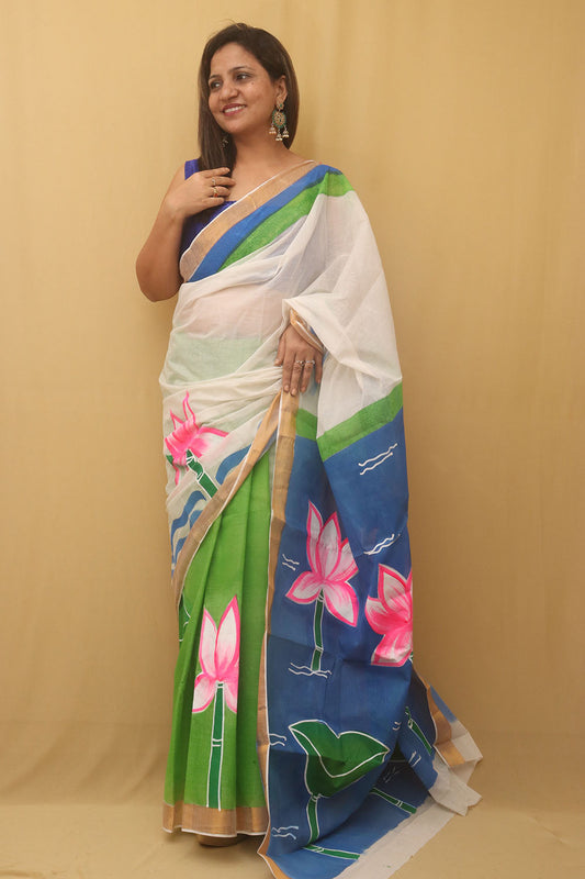 Green Hand Painted Kerala Cotton Saree