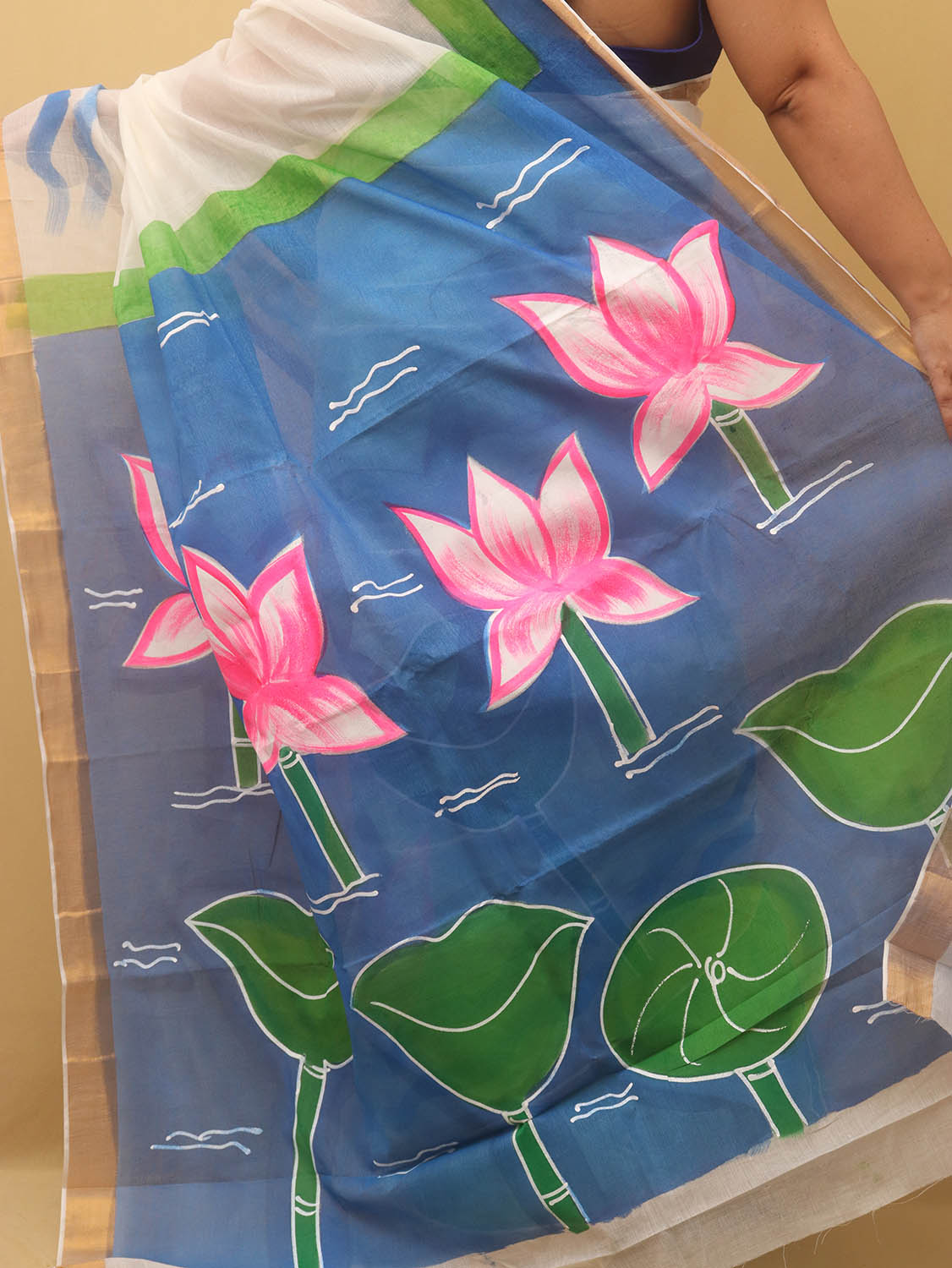 Green Hand Painted Kerala Cotton Saree