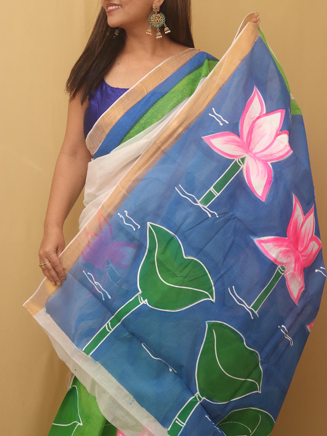 Green Hand Painted Kerala Cotton Saree