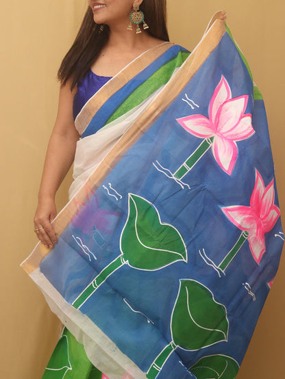 Green Hand Painted Kerala Cotton Saree