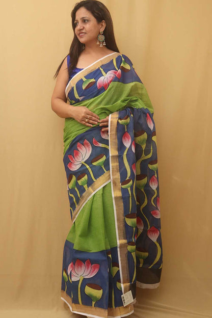 Green Hand Painted Kerala Cotton Saree