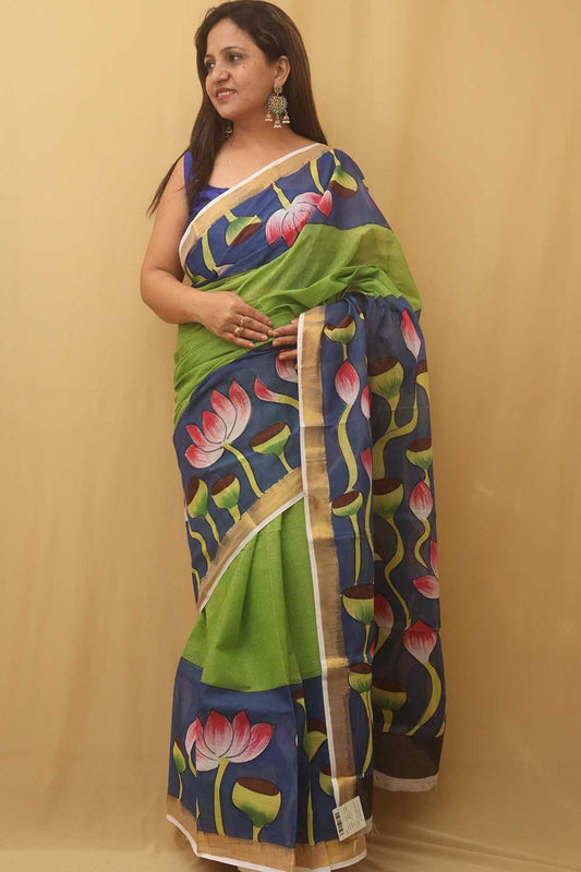 Green Hand Painted Kerala Cotton Saree