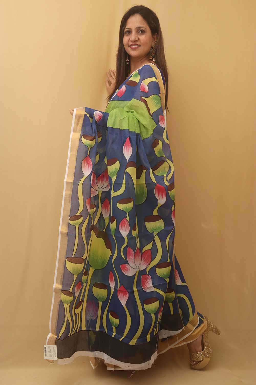 Green Hand Painted Kerala Cotton Saree