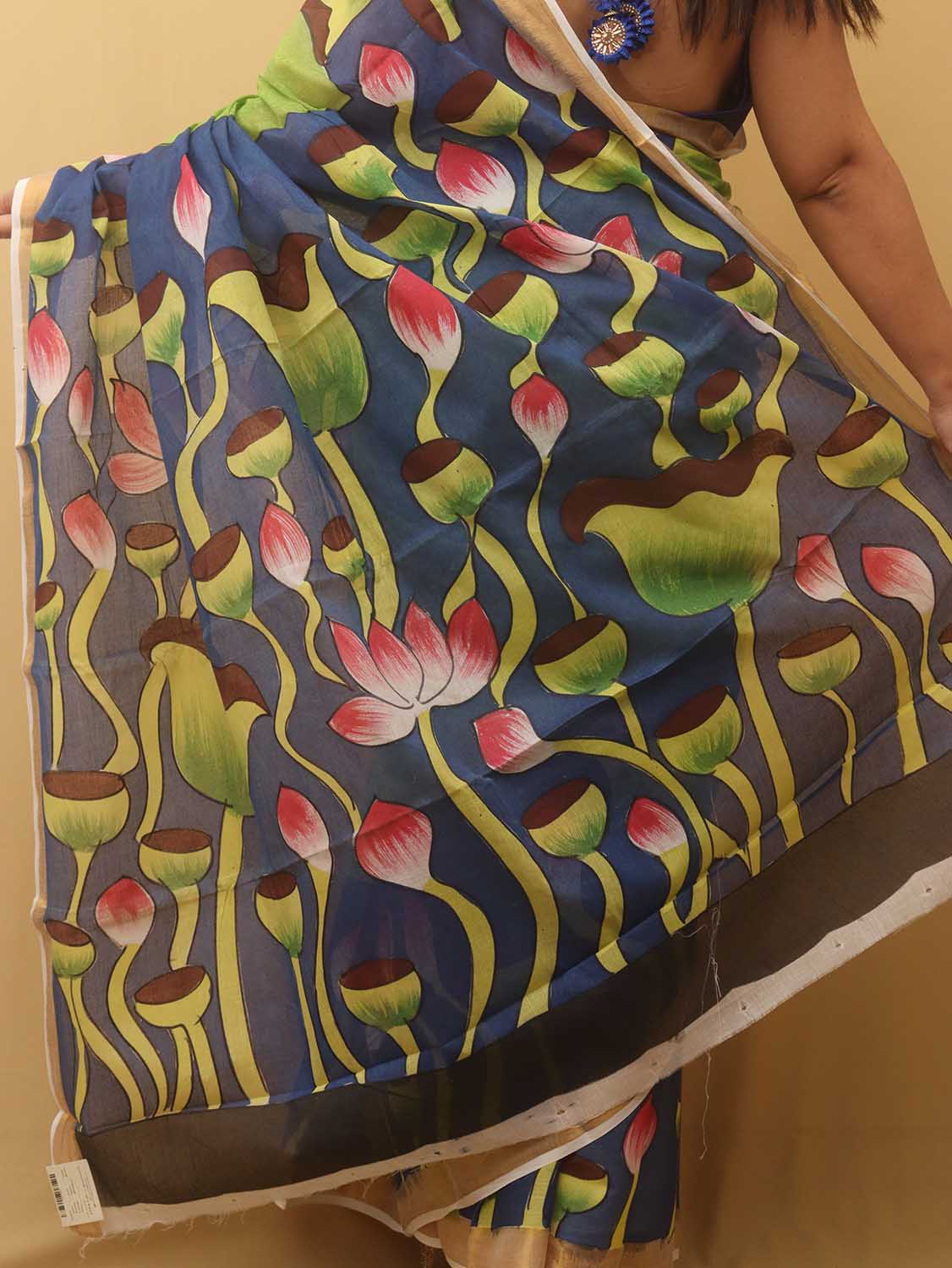 Green Hand Painted Kerala Cotton Saree