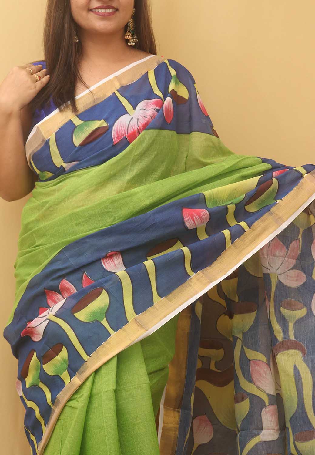 Green Hand Painted Kerala Cotton Saree