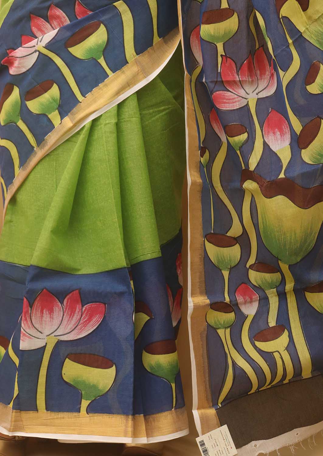 Green Hand Painted Kerala Cotton Saree