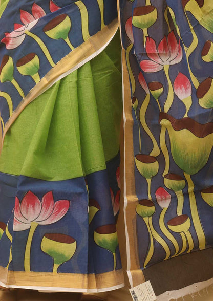 Green Hand Painted Kerala Cotton Saree