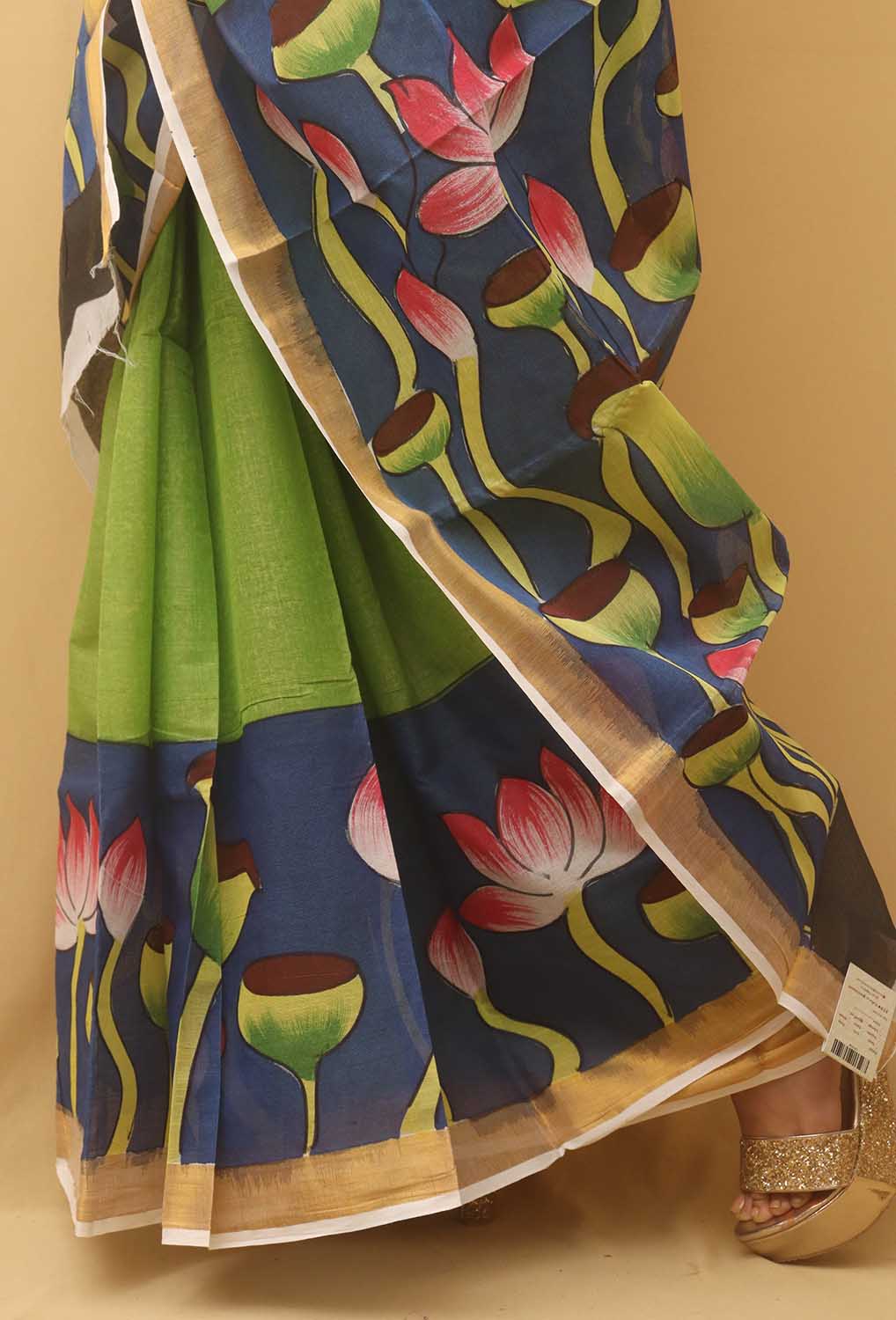 Green Hand Painted Kerala Cotton Saree