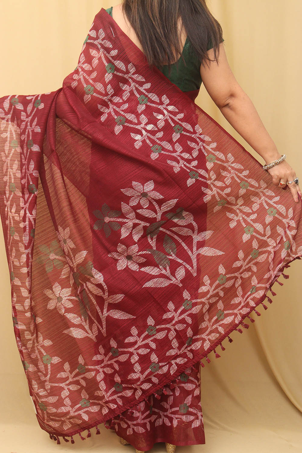 Elegant Maroon Jamdani Print Tussar Silk Saree