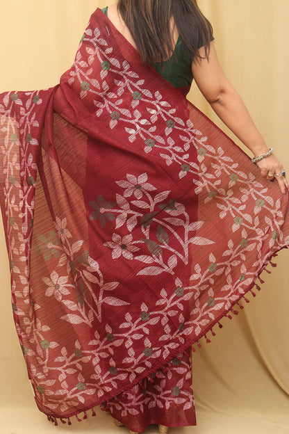 Elegant Maroon Jamdani Print Tussar Silk Saree