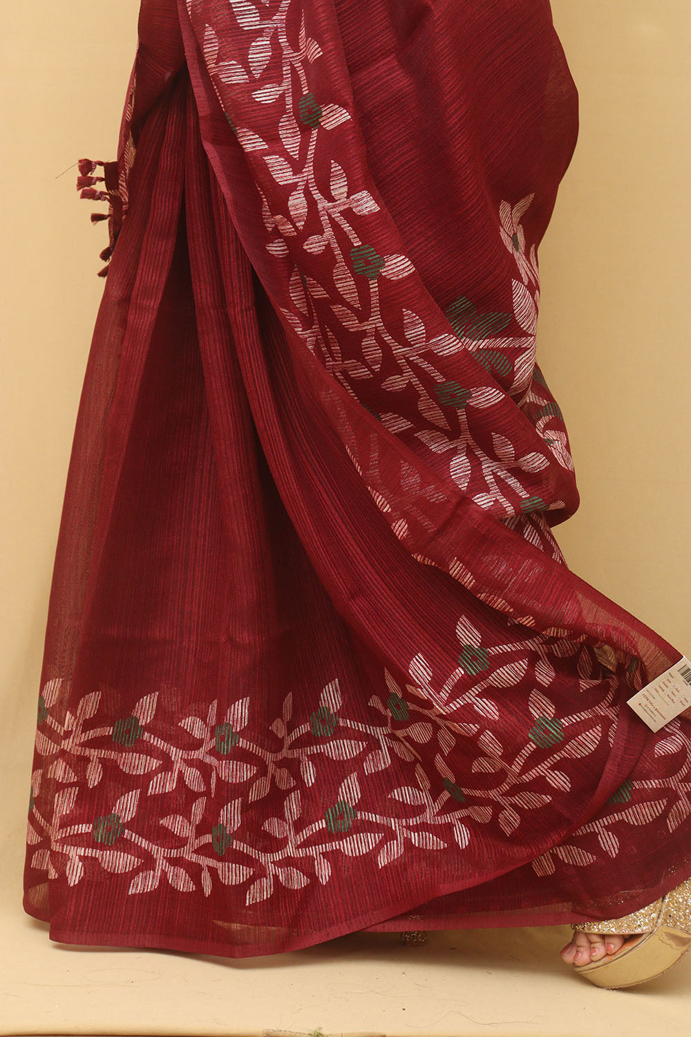 Elegant Maroon Jamdani Print Tussar Silk Saree