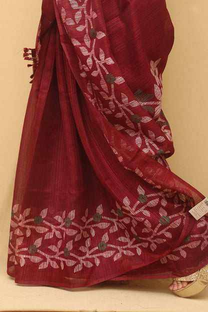 Elegant Maroon Jamdani Print Tussar Silk Saree