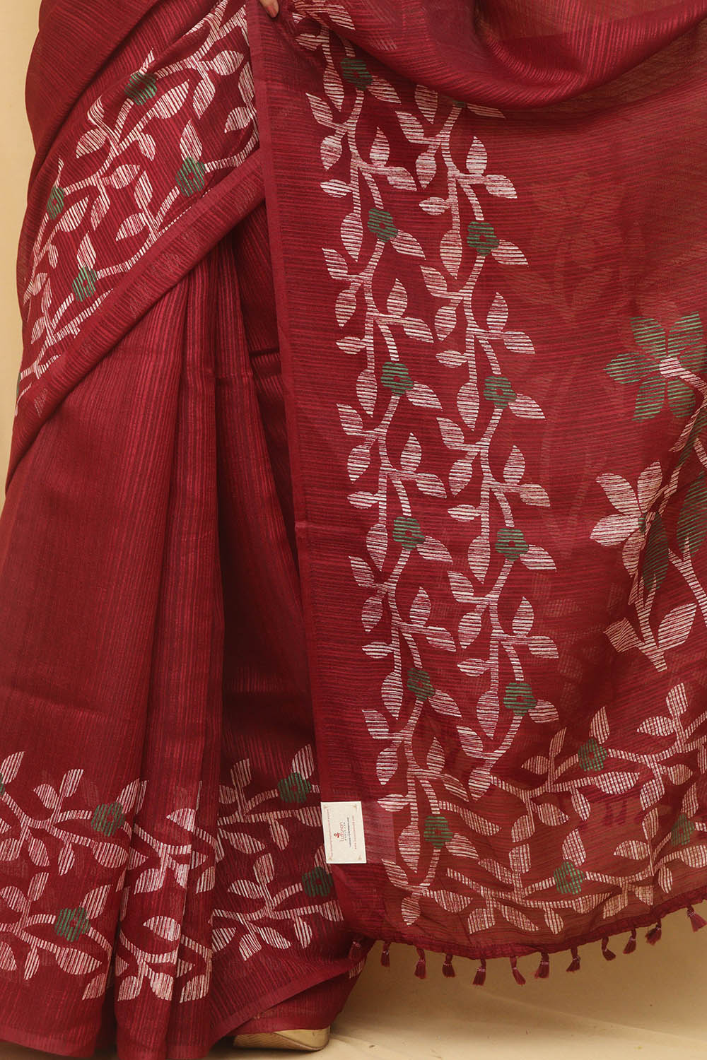 Elegant Maroon Jamdani Print Tussar Silk Saree