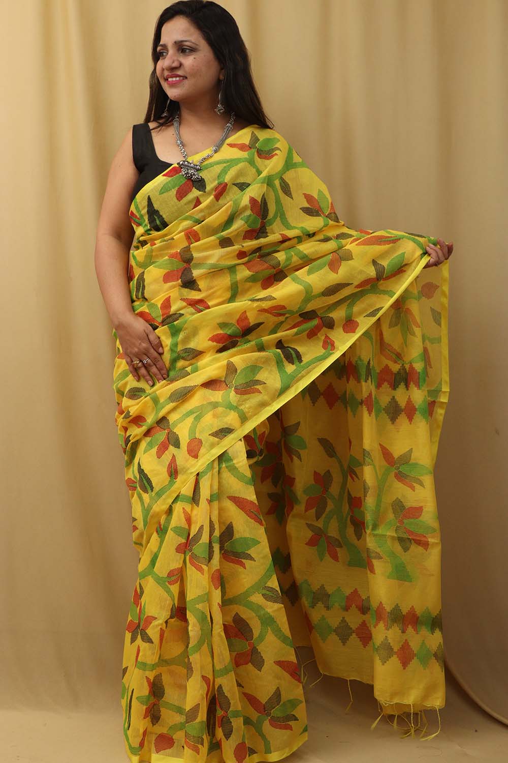Yellow Jamdani Tussar Silk Saree: Elegant & Stylish