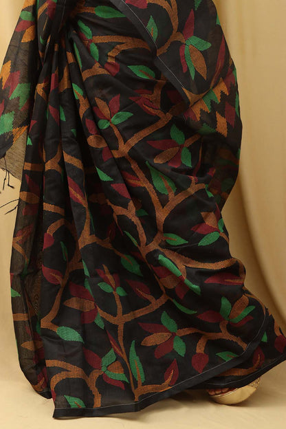 Stunning Black Jamdani Tussar Silk Saree