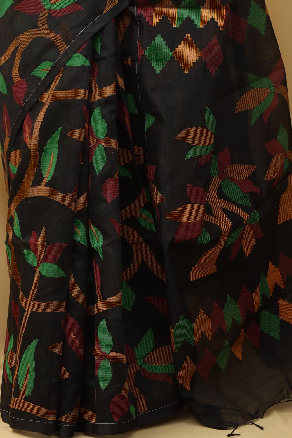 Stunning Black Jamdani Tussar Silk Saree